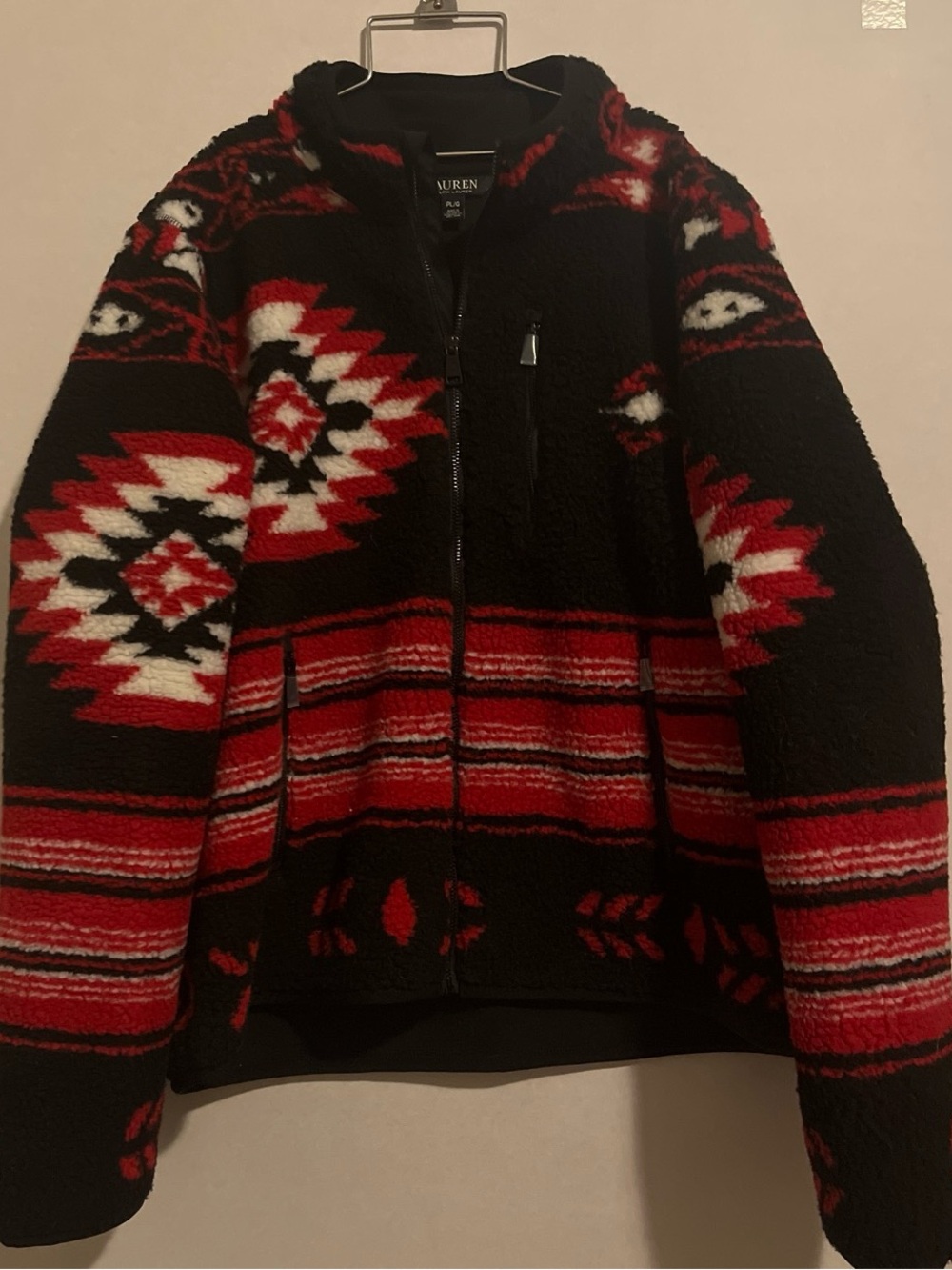 Lauren Ralph Lauren Black & Red Aztec Fleece Zip Jacket petite large